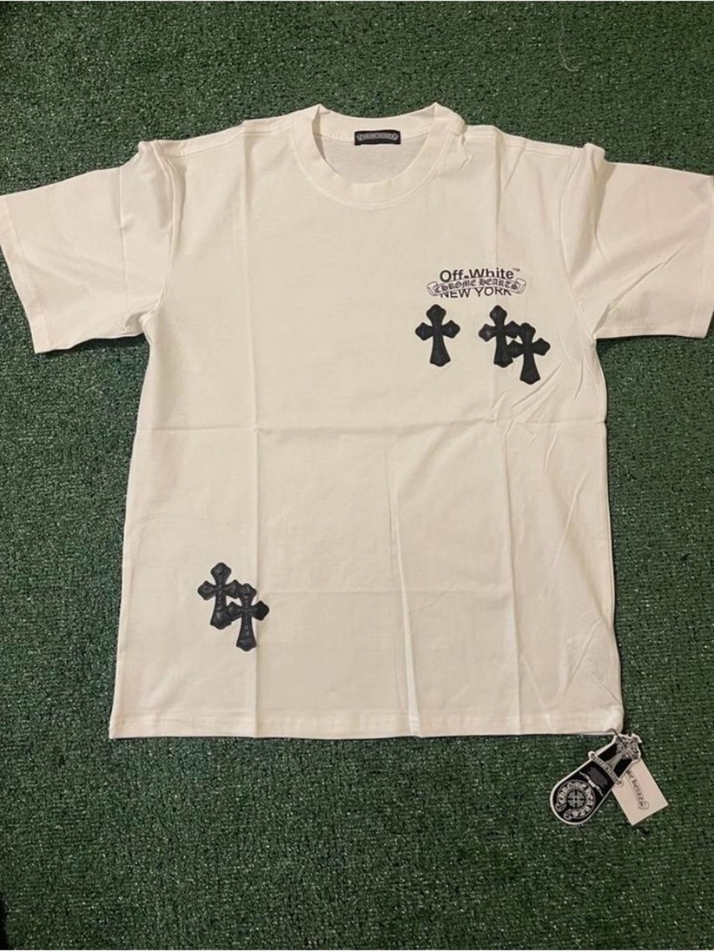 Off-White Cream Tee with Black Cross Prints